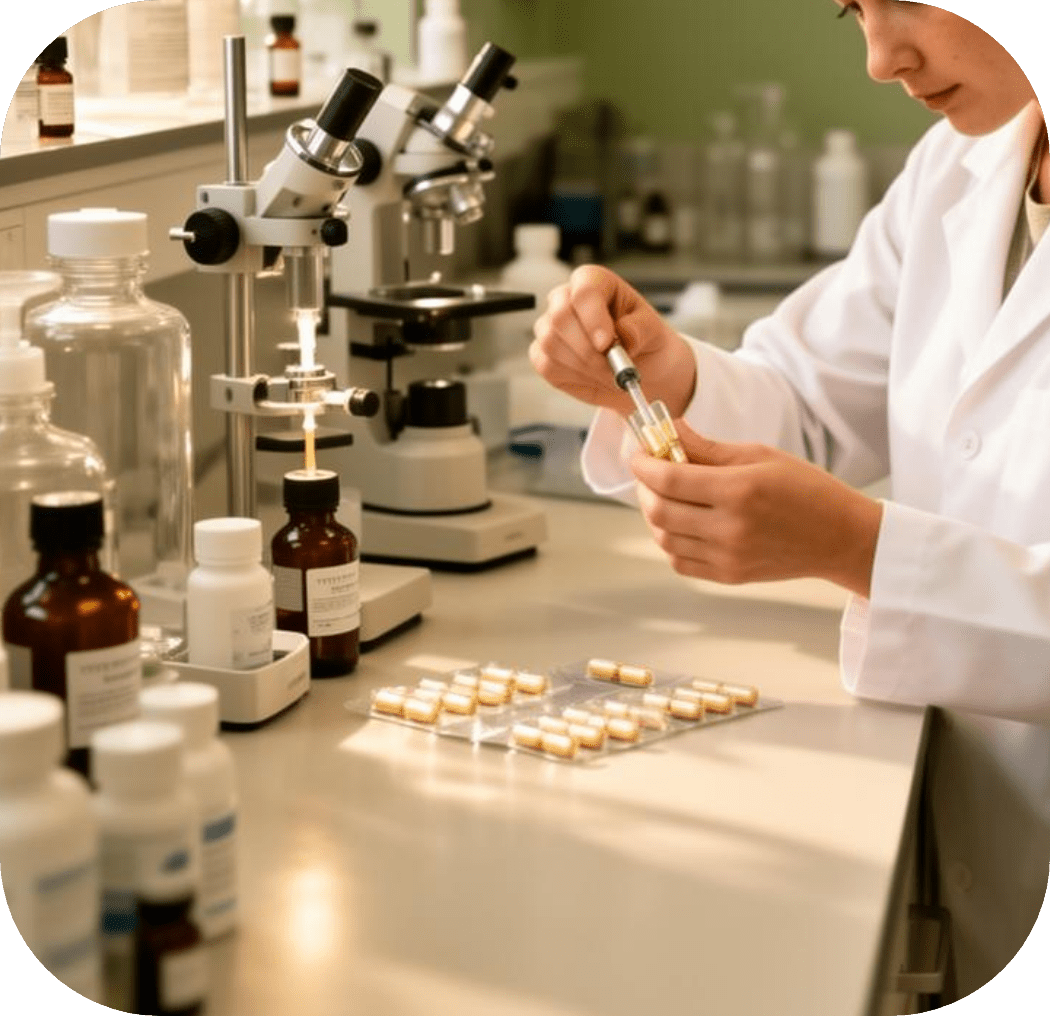 Farmacêutica manipulando medicamento em laboratório